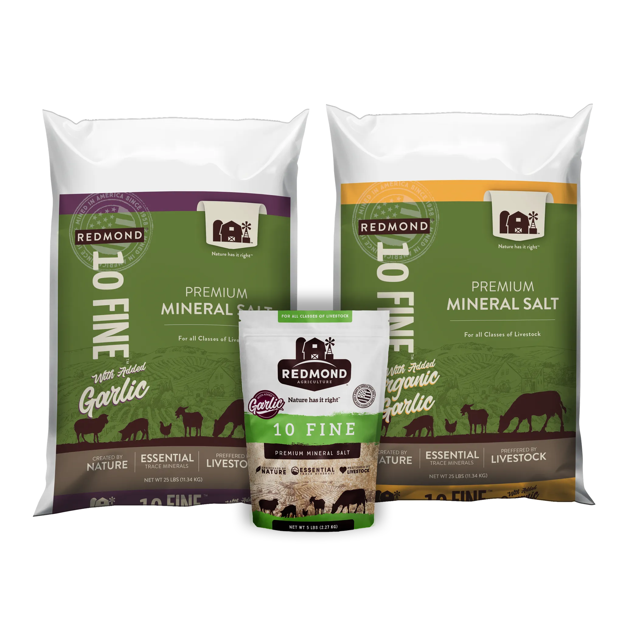  A 25-pound bag and 5-pound pouch of Redmond Sheep Mineral, premium mineral supplements for sheep.