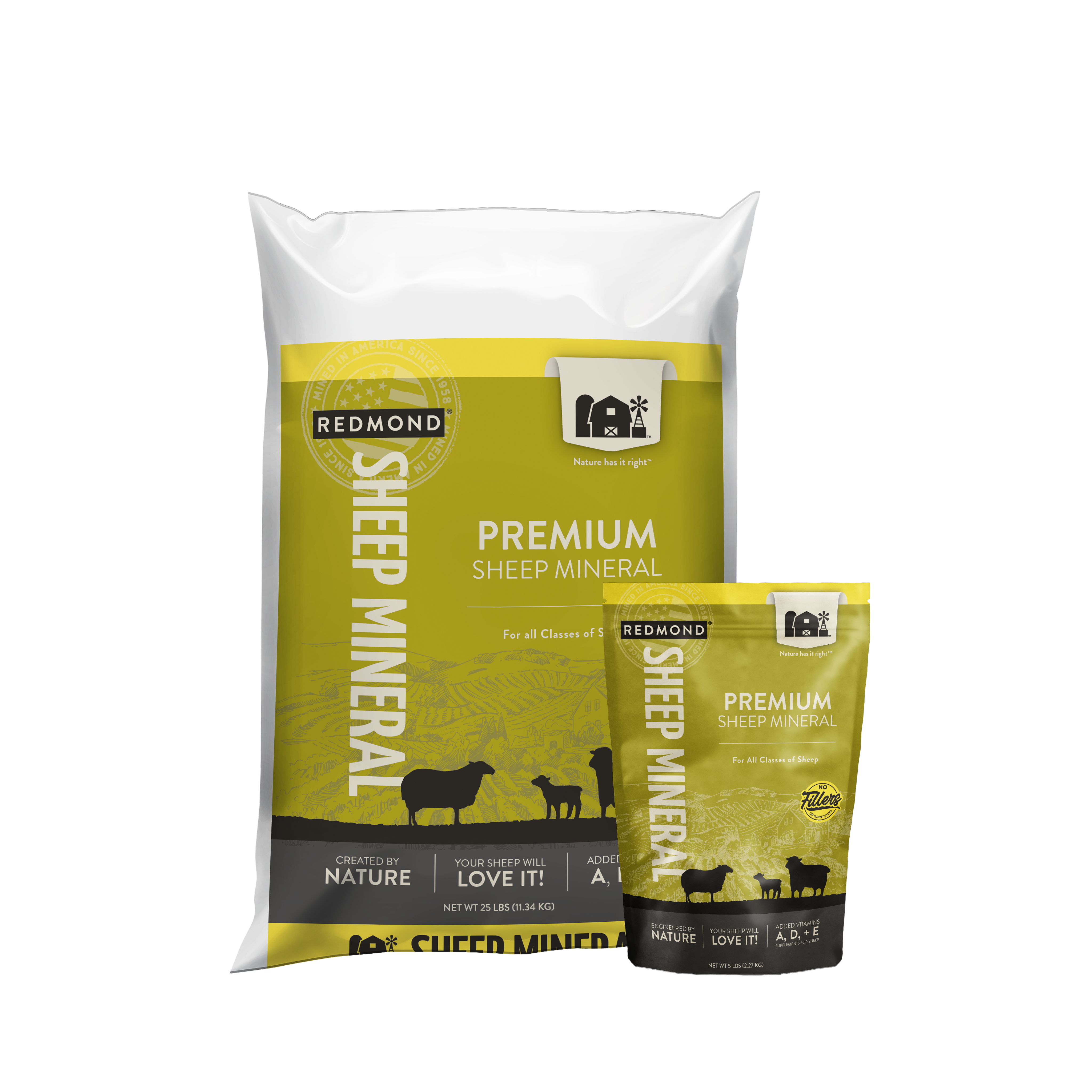  A 25-pound bag and 5-pound pouch of Redmond Sheep Mineral, premium mineral supplements for sheep.