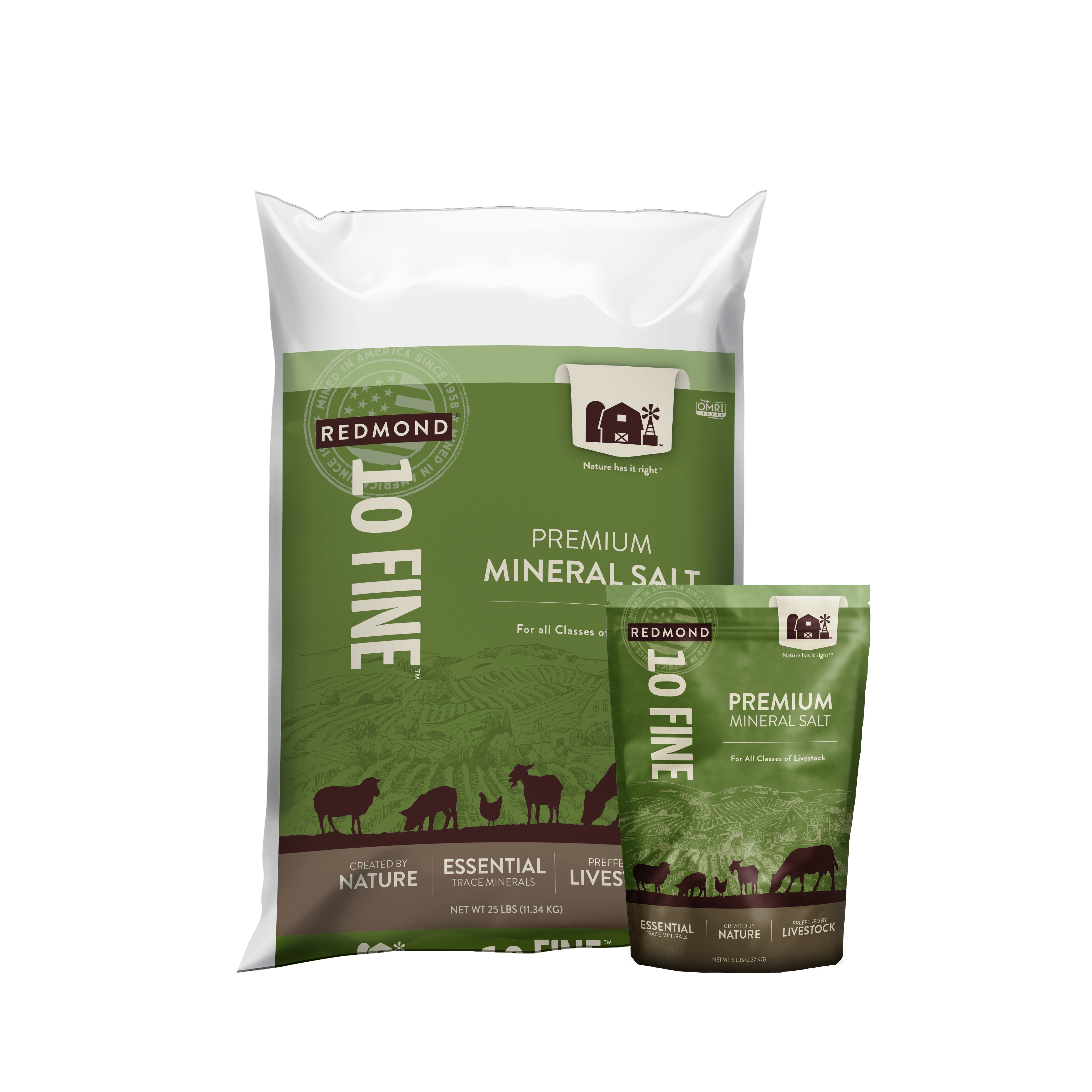 A 25-pound bag and 5-pound pouch of Redmond Goat Mineral--the best goat mineral supplement for all breeds.