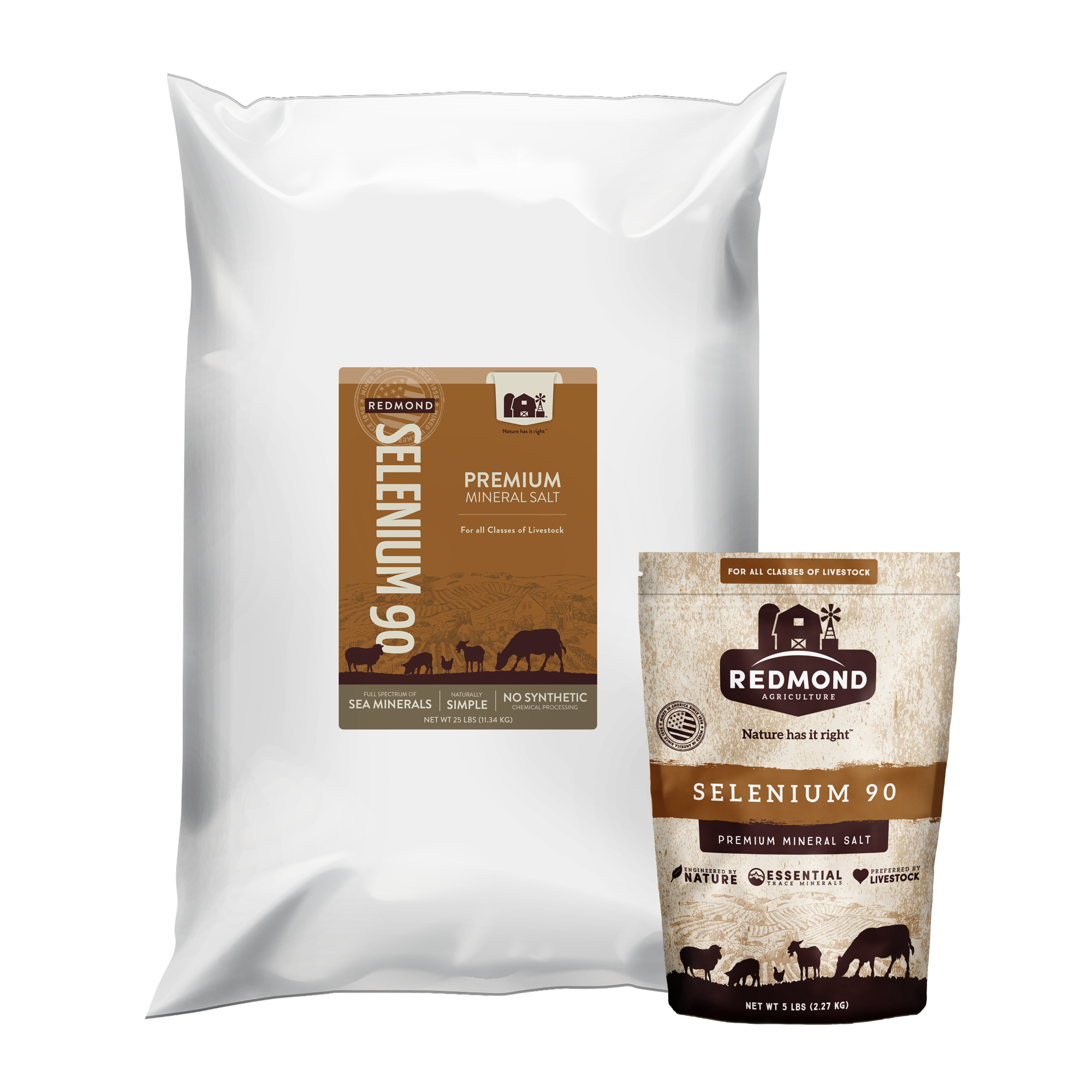 A 25-pound bag and 5-pound pouch of Redmond Goat Mineral--the best goat mineral supplement for all breeds.