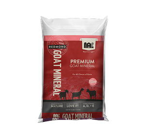 A 25-pound bag of Redmond Goat Mineral supplement with salt and loose minerals.