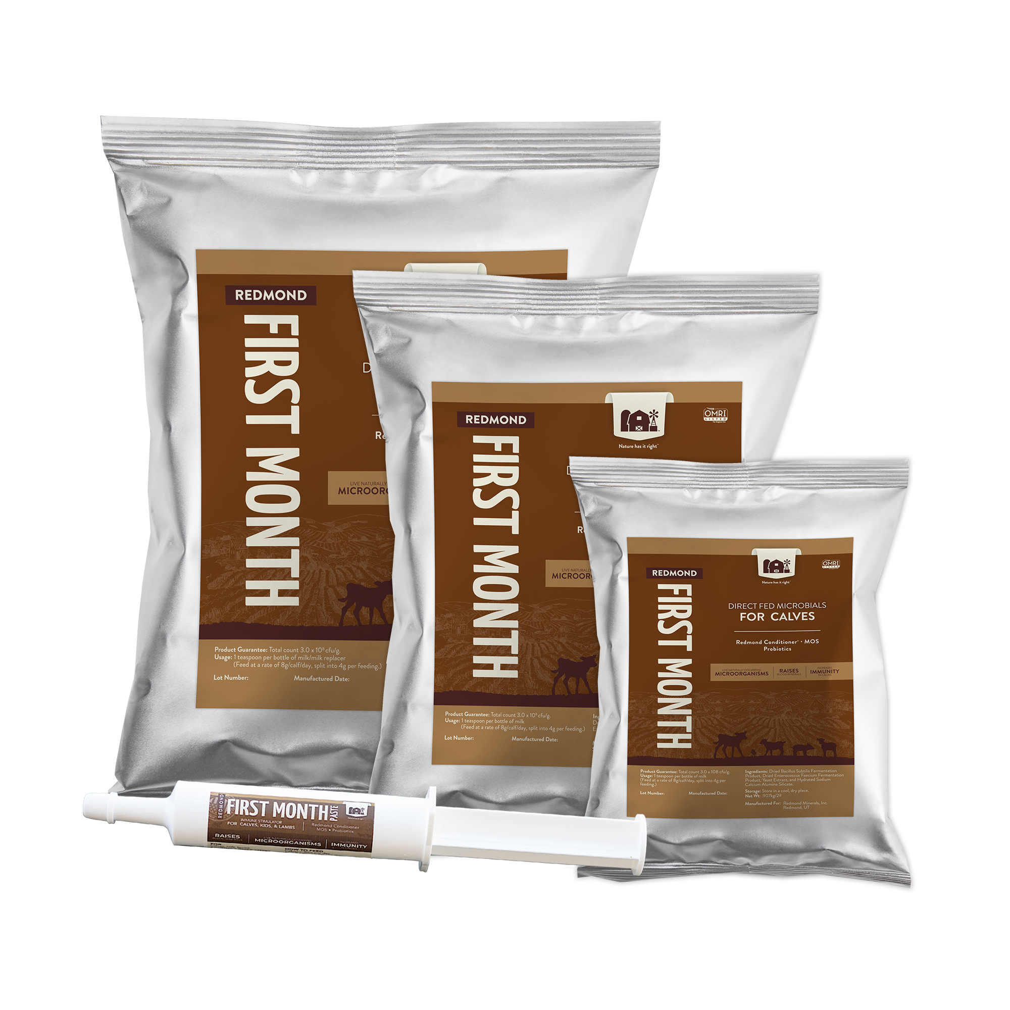 A 25-pound bag and 5-pound pouch of Redmond Goat Mineral--the best goat mineral supplement for all breeds.