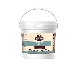 An 8.5-pound bucket of Redmond Udder Mud, a natural clay udder balm for goats.