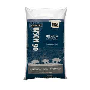 A 25-pound bag of Redmond Bison 90, premium bison minerals.