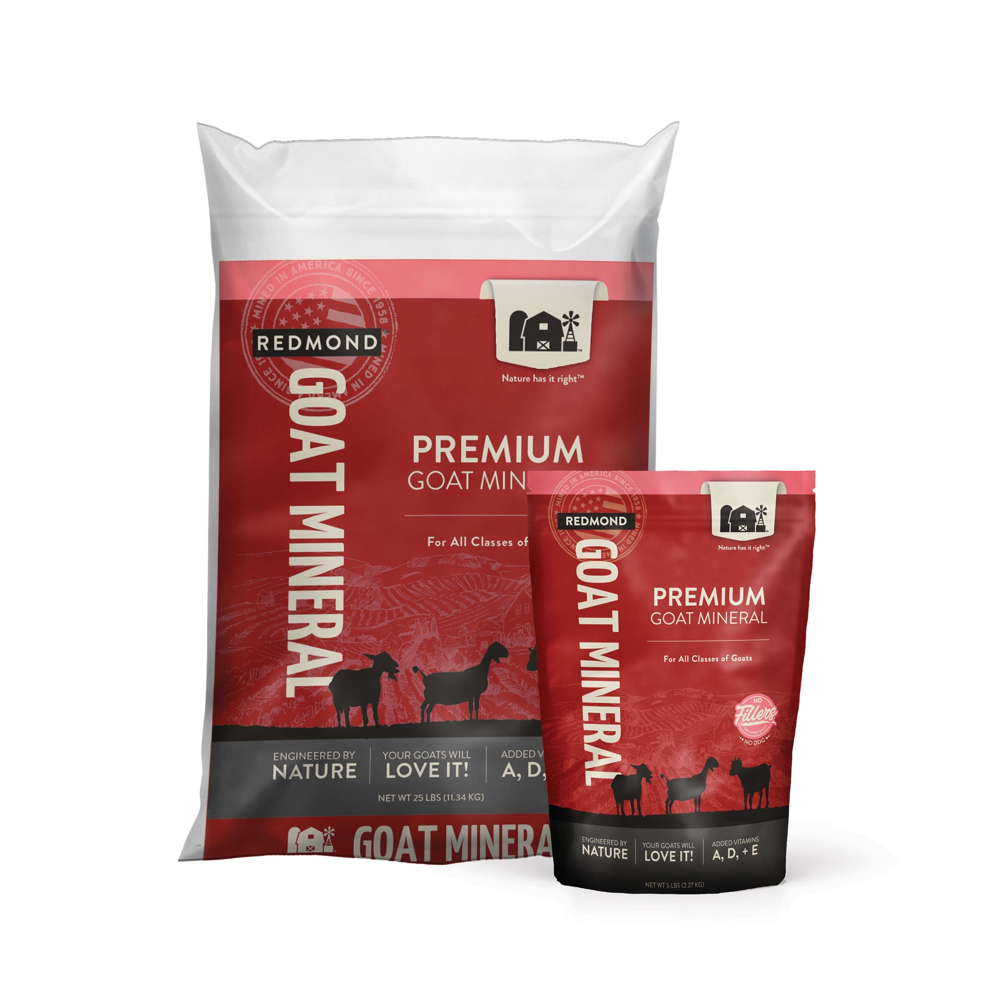 A 25-pound bag and 5-pound pouch of Redmond Goat Mineral--the best goat mineral supplement for all breeds.