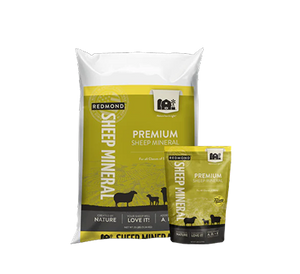 A 25-pound bag and 5-pound pouch of Redmond free-choice minerals for sheep.