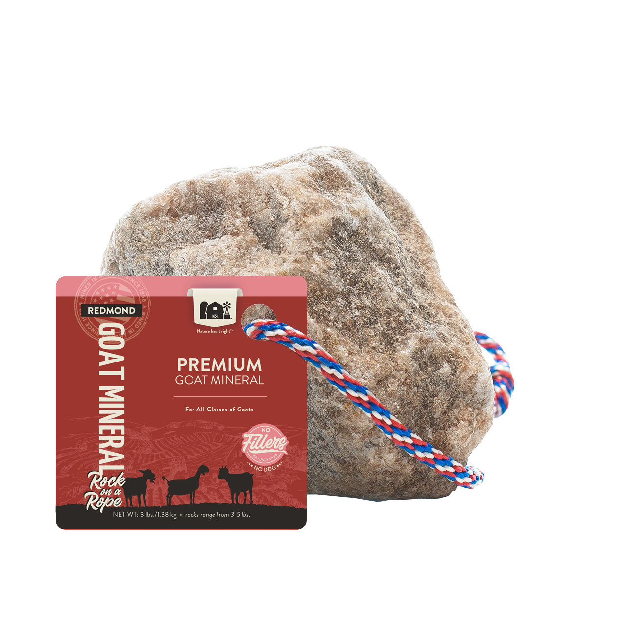 A 25-pound bag and 5-pound pouch of Redmond Goat Mineral--the best goat mineral supplement for all breeds.